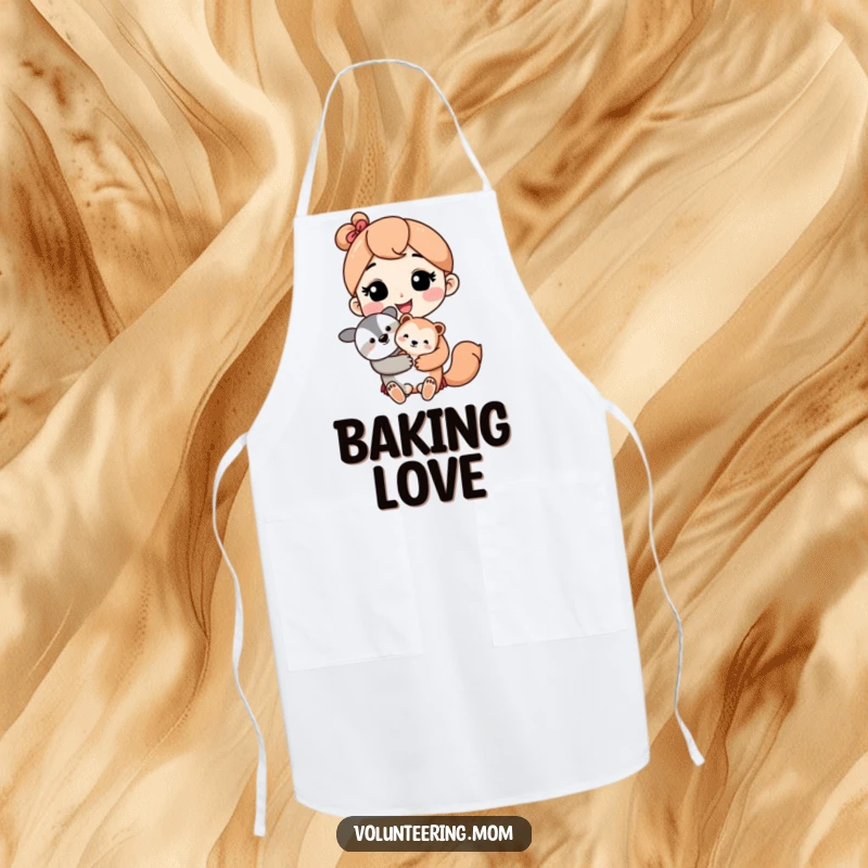 Kawaii mom character with a loving smile holding a cute baby animal, on a practical kitchen apron.