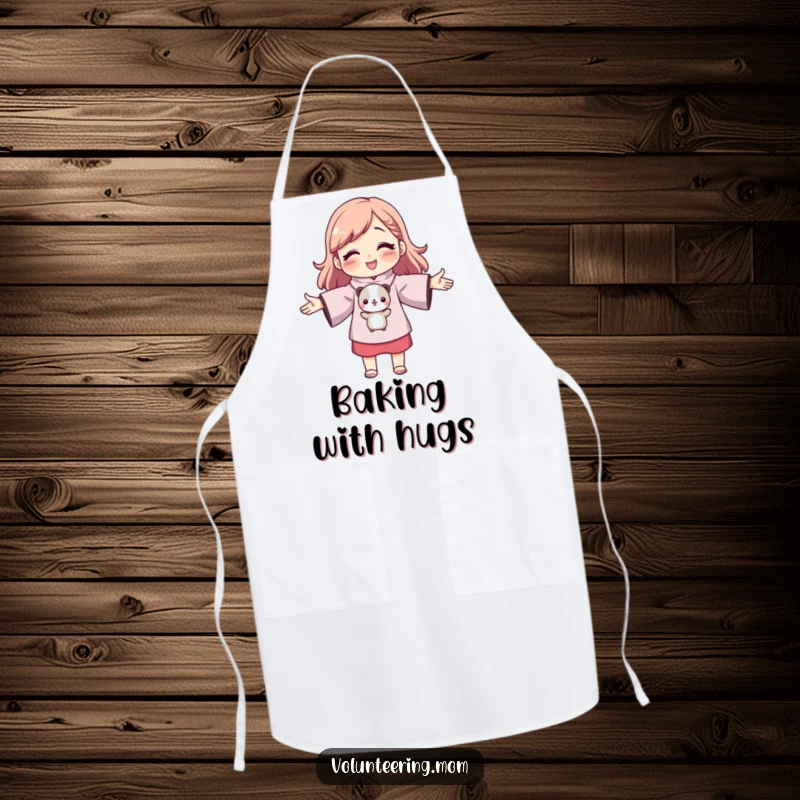 Funny mom character with outstretched arms hugging a small animal, cute kitchen apron, loving theme, humorous accessory, gift.