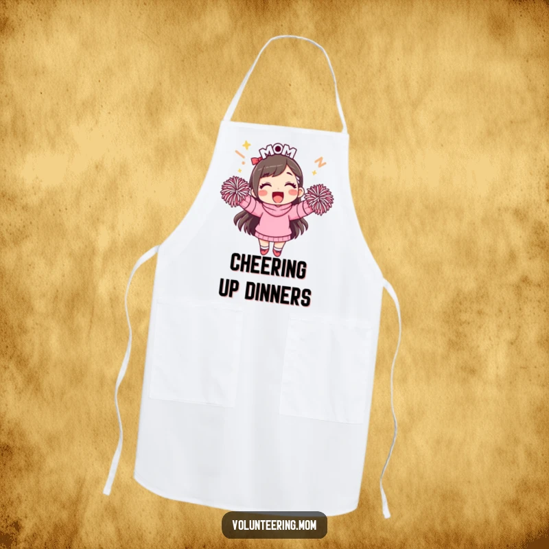 Funny mom apron, showing a smiling mom with pom-poms ready to cheer and cook.