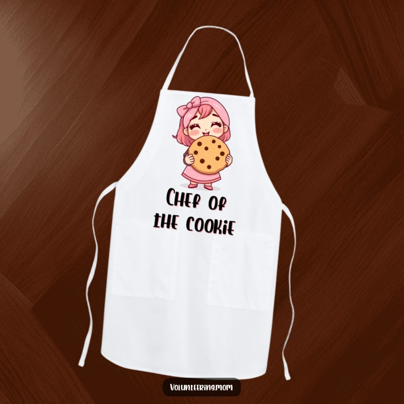 Funny mom apron, depicting a proud mom holding a giant cookie, perfect for baking fun.