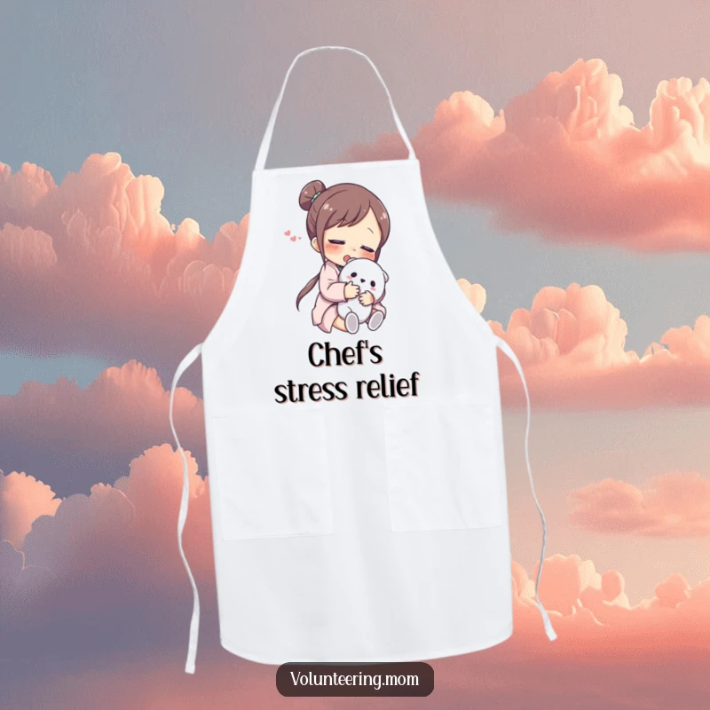 Funny Apron: A charming apron print of a mom character happily hugging a cuddly toy, expressing relief and contentment.