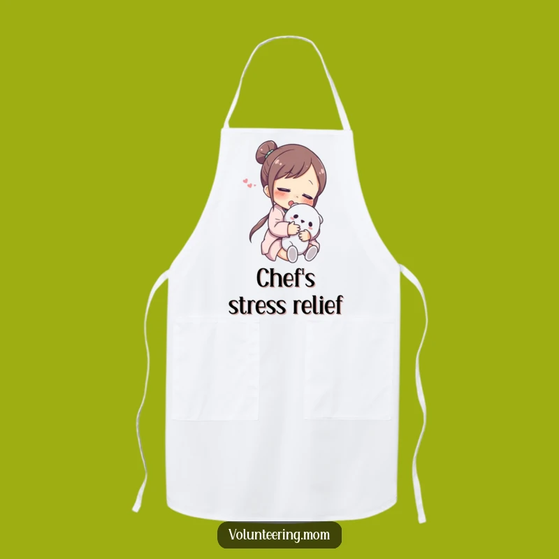 Funny Mom Apron: Kitchen apron with relieved mom hugging toy, a practical funny gift.