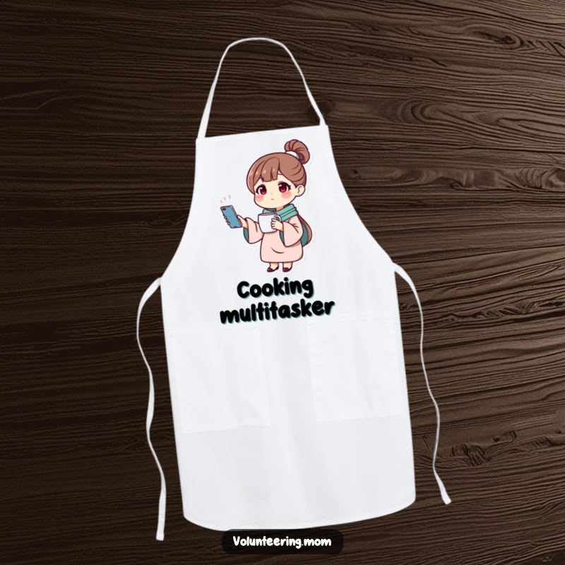 Funny apron showing a mom character balancing a phone and a mug, perfect for kitchen or everyday tasks.