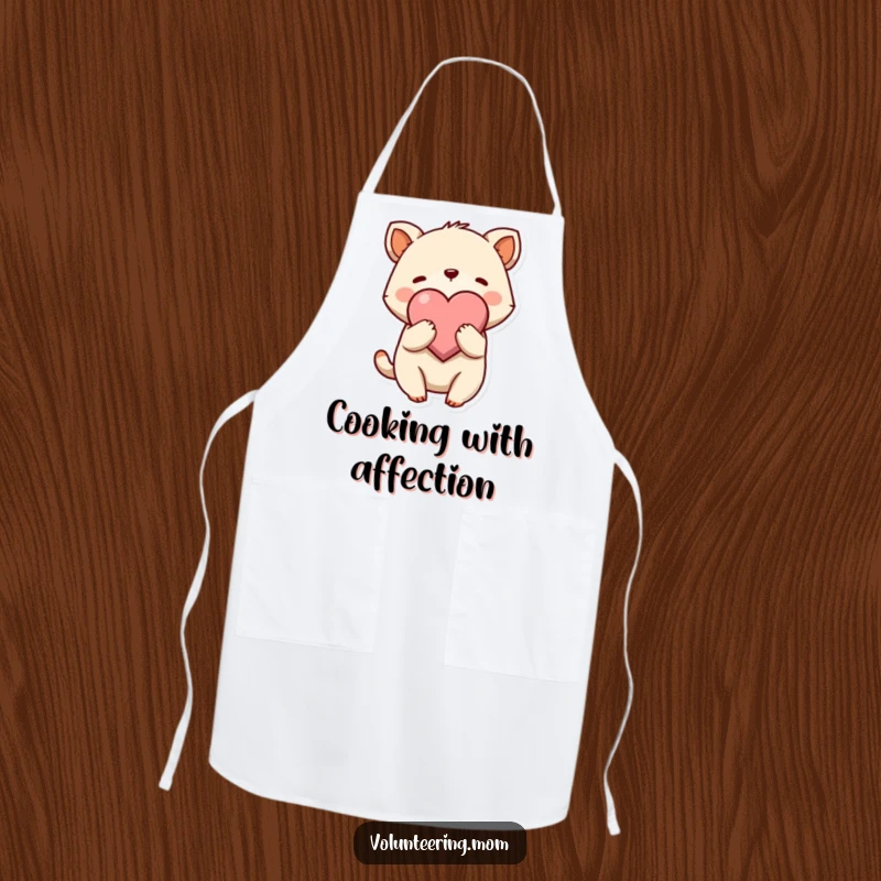 Funny Hug Apron showing a cute animal character giving a gentle embrace to a large heart symbol, ideal for kitchen warmth.