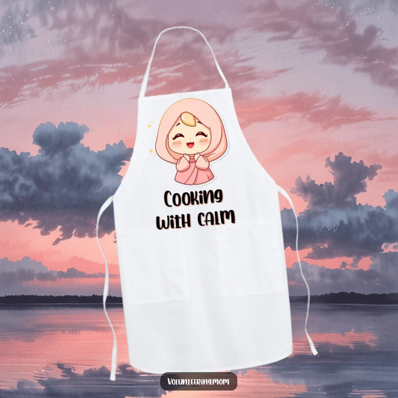 Funny Happy Mom Apron with a woman sighing contentedly, surrounded by a soft light, perfect for cooking.