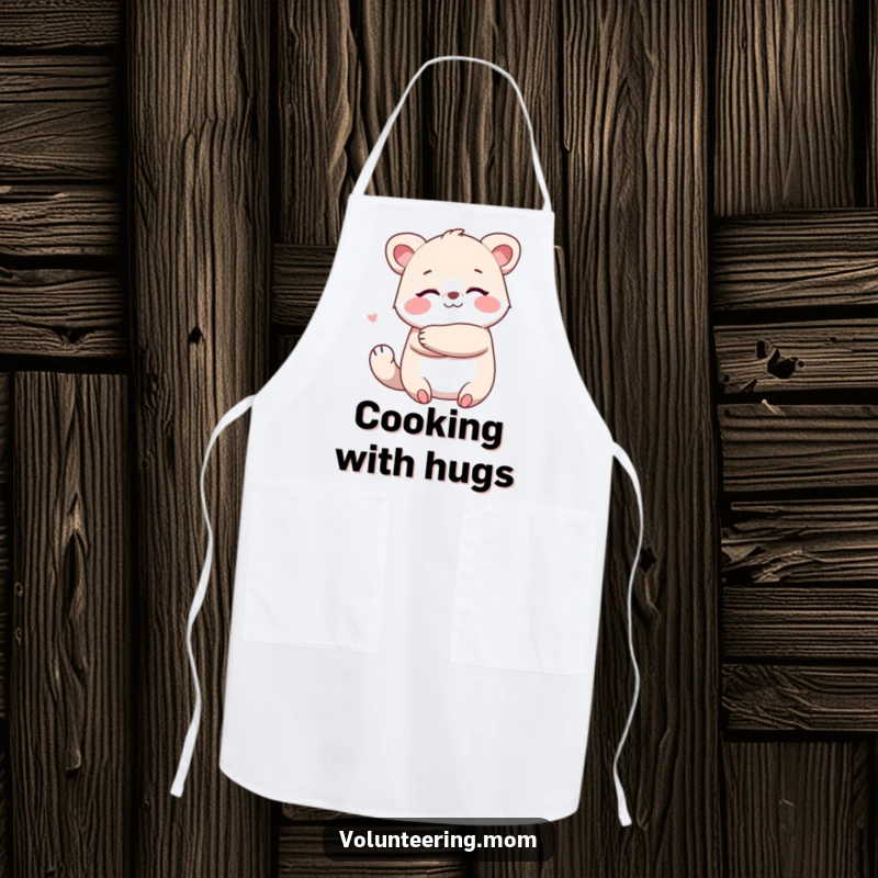 Funny Kawaii animal mom apron showing a character giving a big, warm hug, perfect for kitchen warmth.