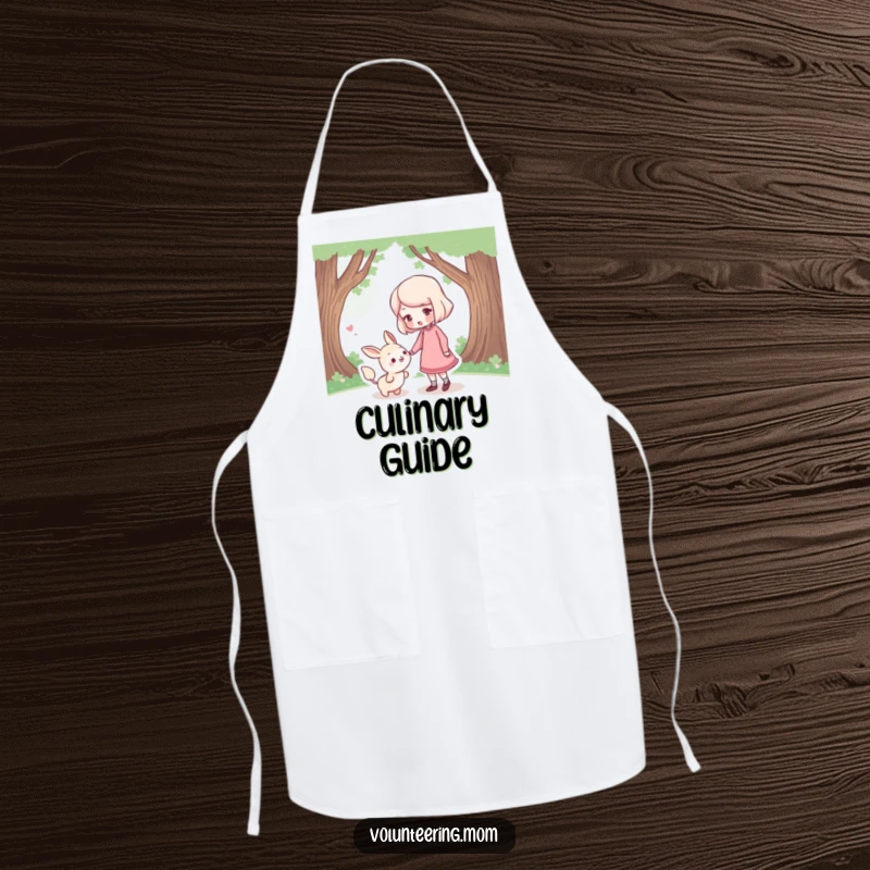 Funny Apron: A charming apron print of a mom character gently nudging a lost creature, symbolizing guidance and care.