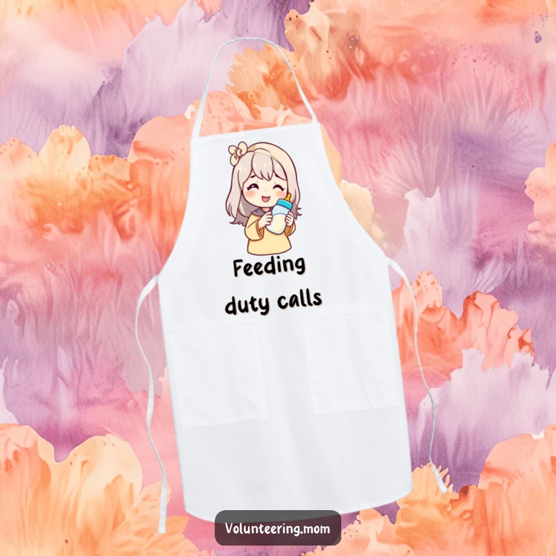 Funny mom apron with a smiling character offering a baby bottle, adding humor to kitchen duties.