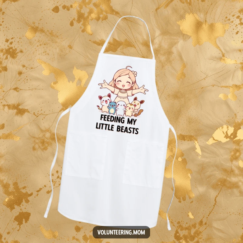 Funny apron: Mom welcoming creatures with open arms, a humorous and functional accessory, great gift.