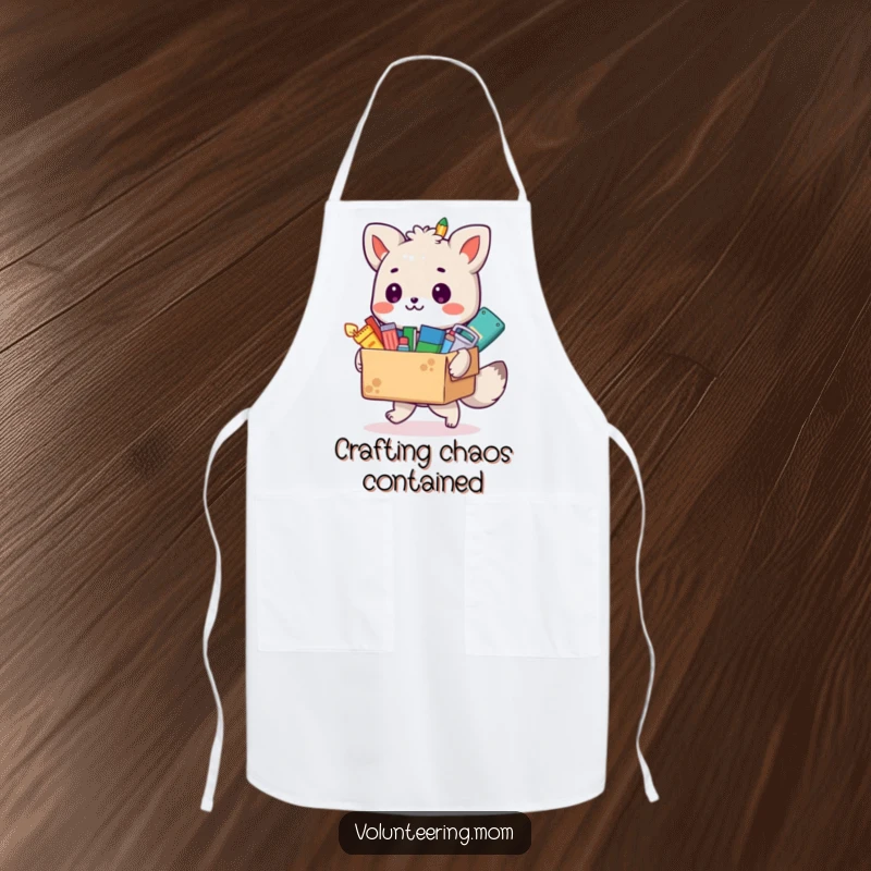 Funny animal artist apron adorned with a box overflowing with colorful art supplies, ready for messy creative endeavors.