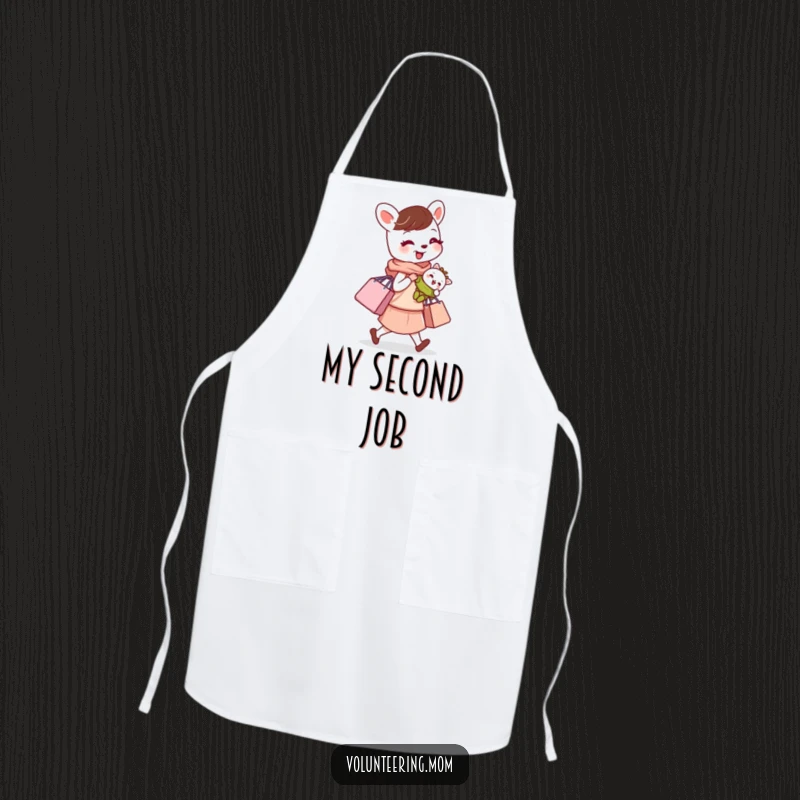 Funny apron showcasing a busy mom animal character with a baby and shopping bag, ready for kitchen duty.