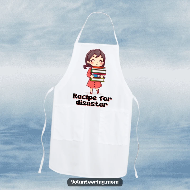 Funny Busy Mom Apron with a woman carrying a stack of colorful books, perfect for cooking or reading.