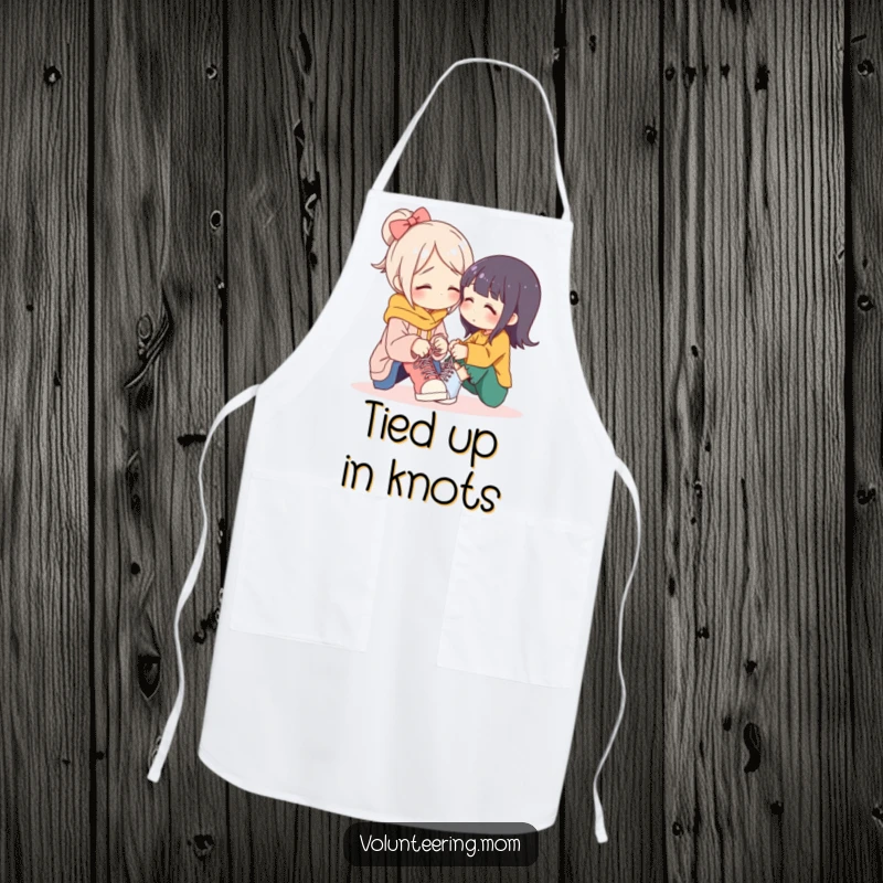 Funny mom apron, a mother character patiently tying shoelaces, representing care and love in the kitchen.