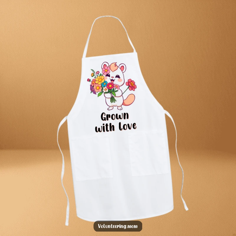 Funny Flower Apron showing a smiling whimsical creature presenting a vibrant bouquet of flowers, ideal for cheerful kitchen wear.