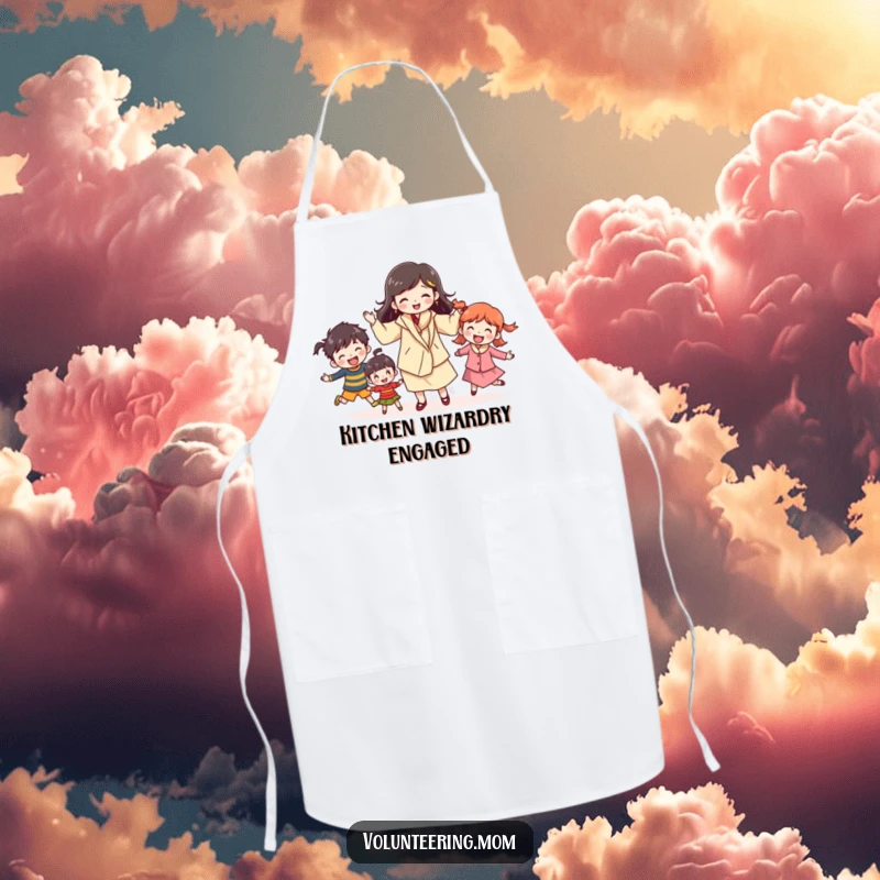 Funny mom apron with a cheerful character juggling kids, perfect for kitchen tasks and celebrating her multitasking skills, a humorous and practical funny gift.