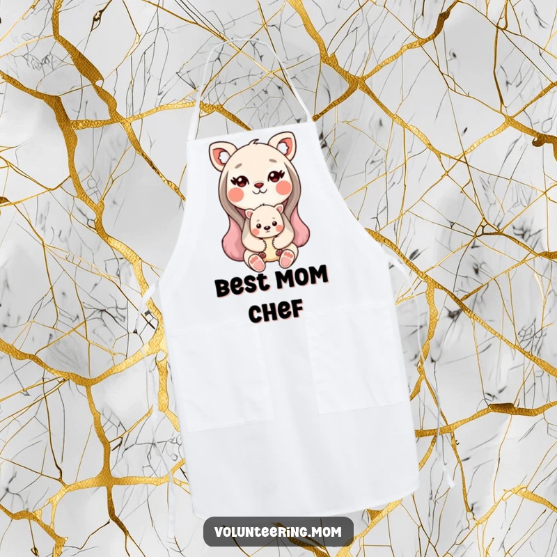 Funny Kawaii animal mom apron showing a sweet mother animal holding her baby, perfect for kitchen fun.