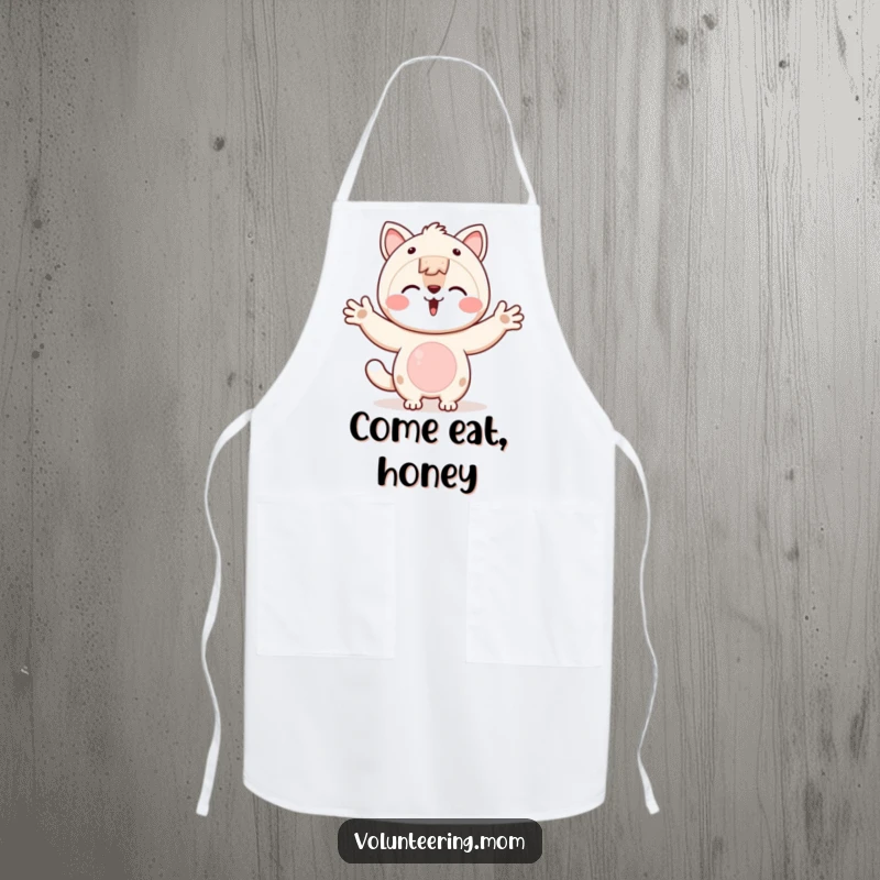 Funny Kawaii animal mom apron showing open arms, symbolizing welcome, connection, and a loving embrace.