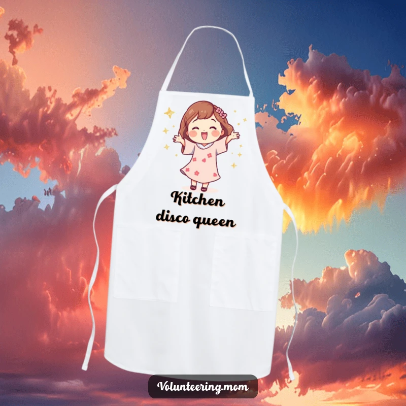 Funny apron showing a happy mom character dancing energetically with dazzling glittery stars, perfect for a joyful cook.