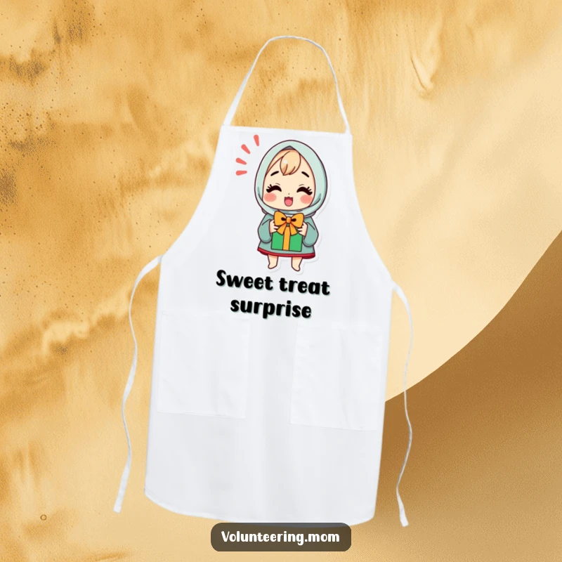 Funny apron showing a kawaii mom character with a big smile, eagerly anticipating a gift.