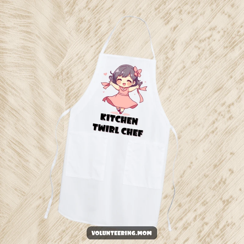 Funny apron showing a mom character playfully spinning with a ribbon, ready to add fun to any task.