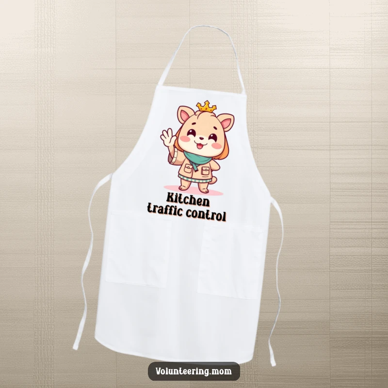 Funny Mom animal character wearing an apron, cheerfully directing imaginary traffic in a kitchen setting, ready for culinary commands.