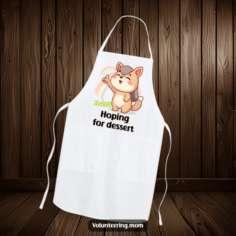 Funny apron showcasing an excited Mom animal character pointing at a distant rainbow, adding a touch of hopeful magic to the kitchen.