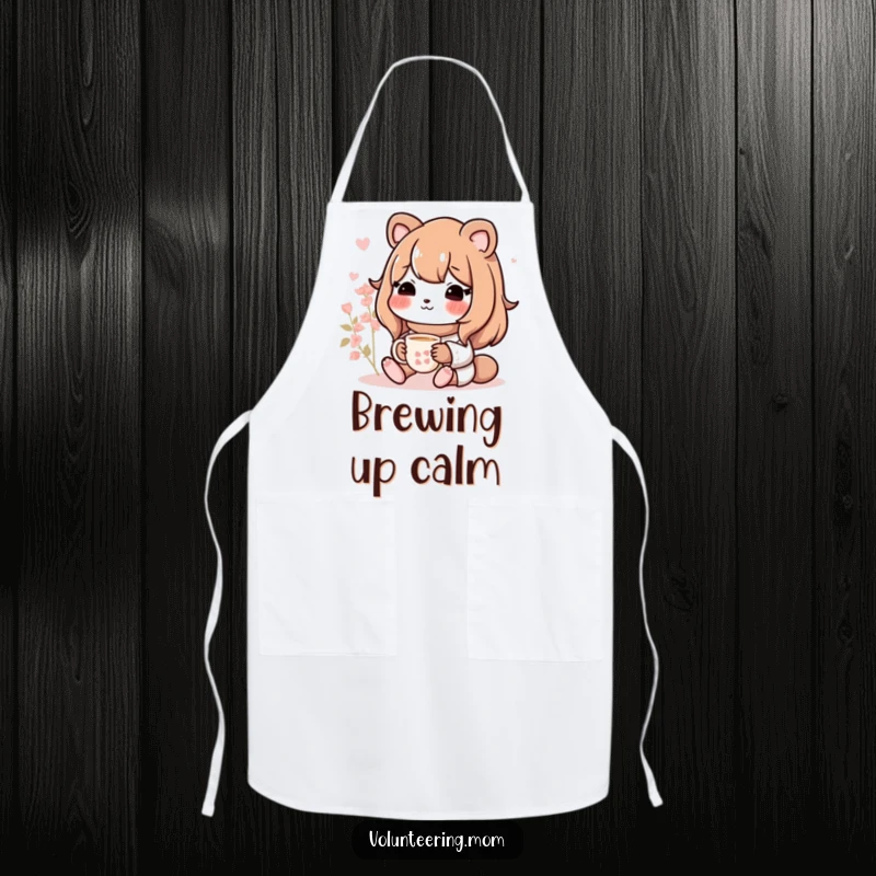 Funny Mom animal character wearing an apron, cheerfully holding a mug of tea while in a kitchen setting.