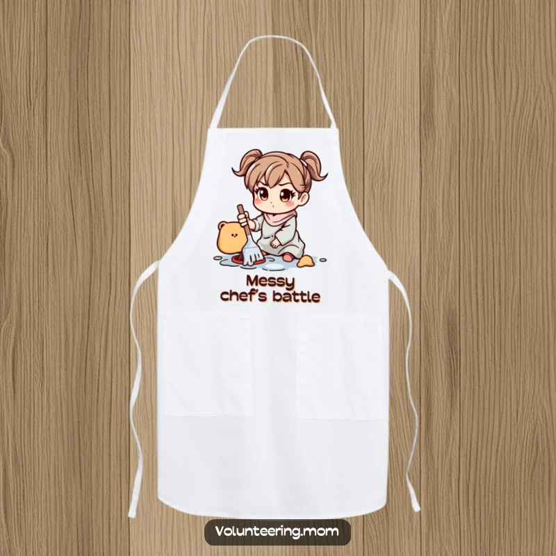 Funny Apron: A charming apron print of a mom character with a determined look, cleaning up toys and spills with efficiency.