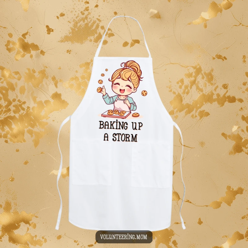 Funny mom character with a messy bun joyfully baking cookies, on a practical kitchen apron.