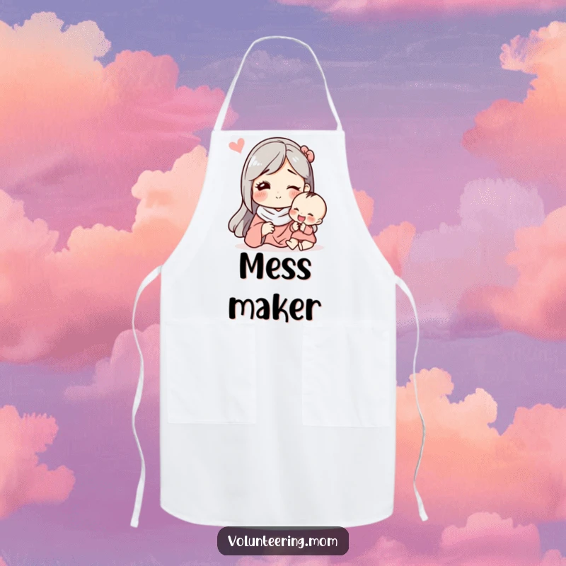 Funny apron showing a mom making a funny face at a child, ideal for kitchen fun and messes.
