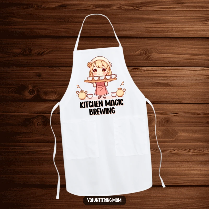 Funny kitchen apron depicting a mom character balancing a tray of steaming cups, ideal for cooking and serving with humor.