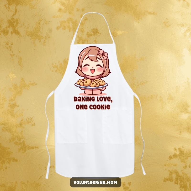 Funny mom apron designed with a cheerful mom character holding a plate of cookies, ready to serve.