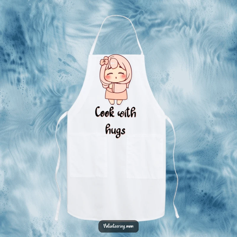 Funny Mom Hug Apron: Whimsical mom character with eyes closed, providing a warm embrace, perfect for a chef's funny kitchen accessory.
