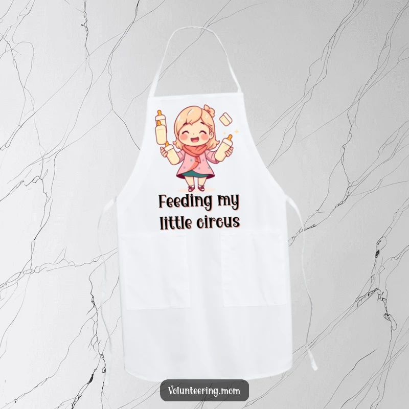 Funny mom apron, depicting a smiling mom juggling baby bottles and perhaps a spatula, practical and humorous.