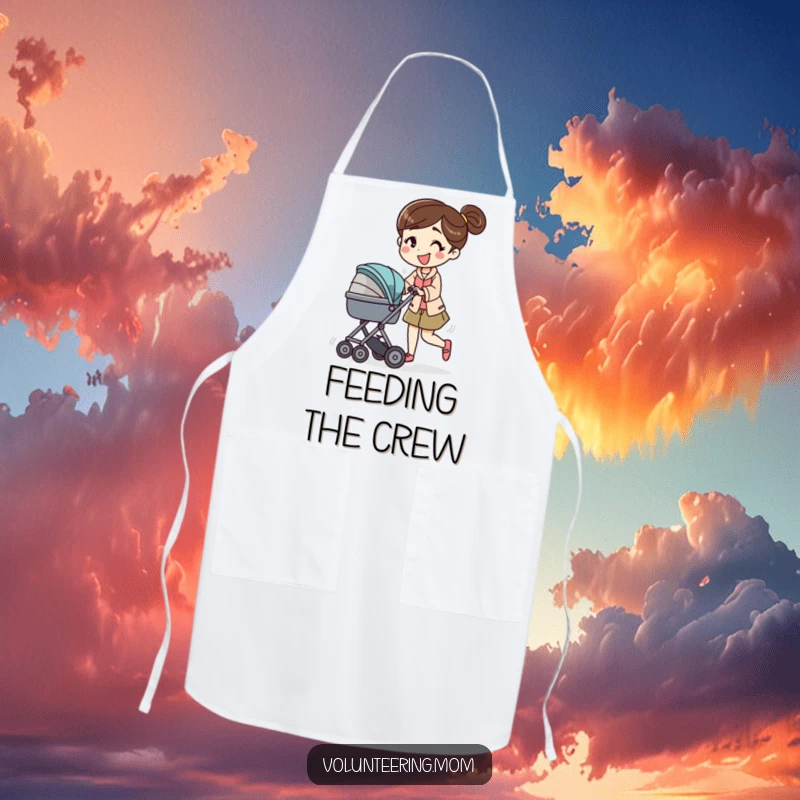 Funny kitchen apron depicting a mom character energetically pushing a baby stroller with a smile, ideal for cooking and playing with humor.