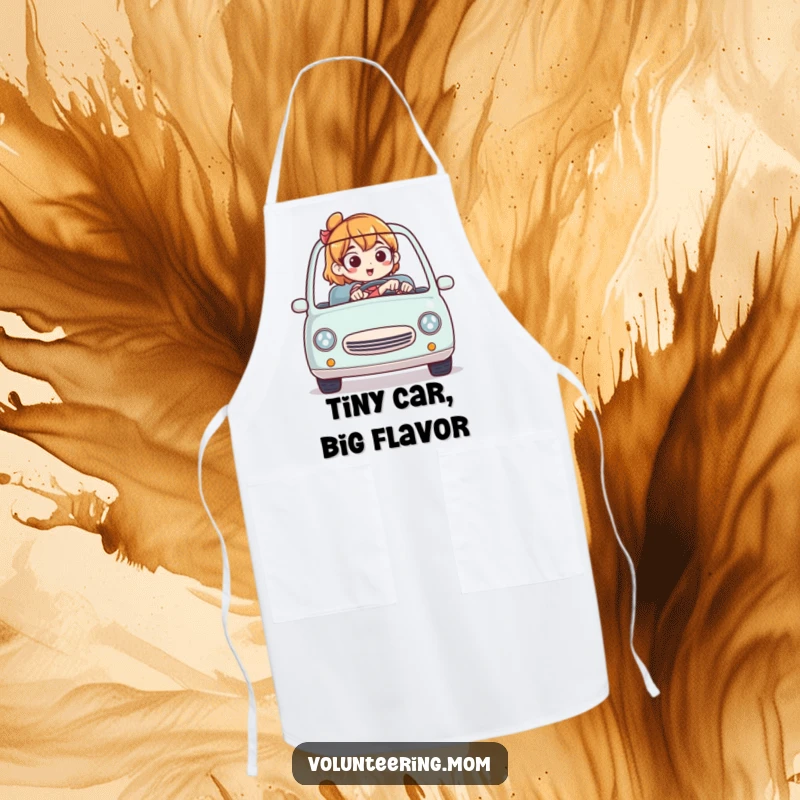 Funny apron showing a skilled mom driving a tiny car, adding a humorous element to kitchen activities.