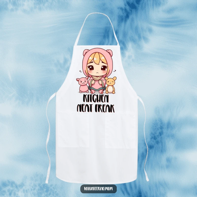 Funny apron with a determined mom character organizing toys, adding a humorous and practical element.