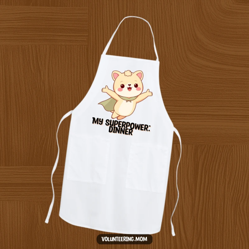 Funny apron showcasing a mom animal character in a cape, flying with arms outstretched, ready for any task.