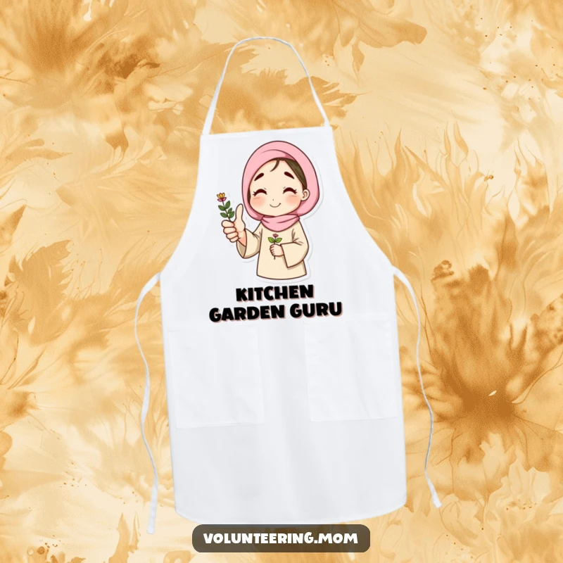 Funny apron featuring a mom giving a thumbs up, holding a plant, adding humor to gardening or cooking.