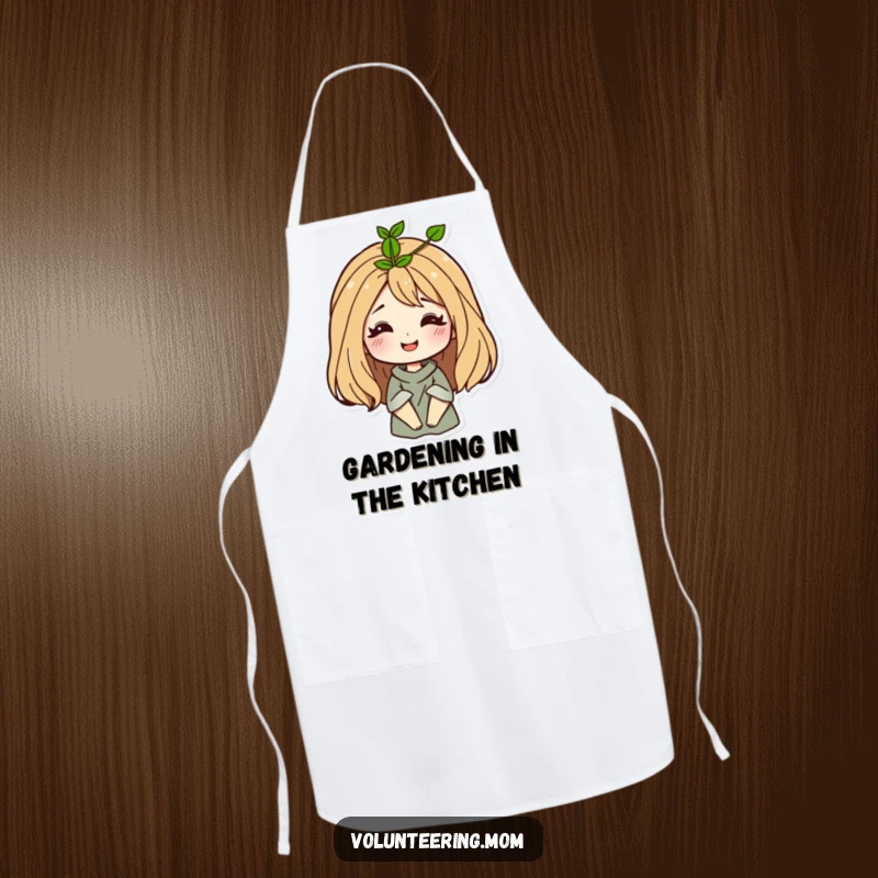 Funny Mom Apron with a smiling woman and a sprout growing from her hair, perfect for cooking or gardening.