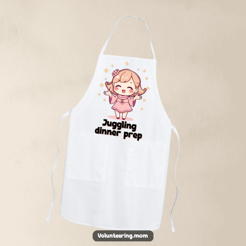 Funny apron illustrating a kawaii mom character sparkling and juggling, perfect for the kitchen.