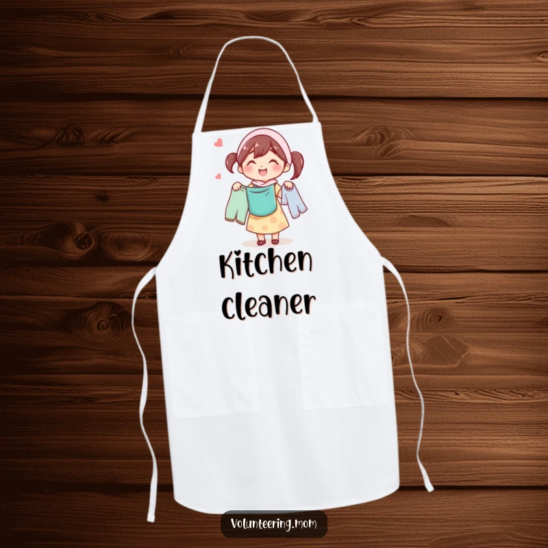 Funny apron showcasing a cheerful mom character humorously carrying laundry, perfect for kitchen or cleaning tasks.