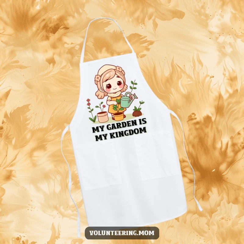 Funny Kawaii Mom gardening apron, smiling mom cooking and gardening, a humorous and practical kitchen accessory.