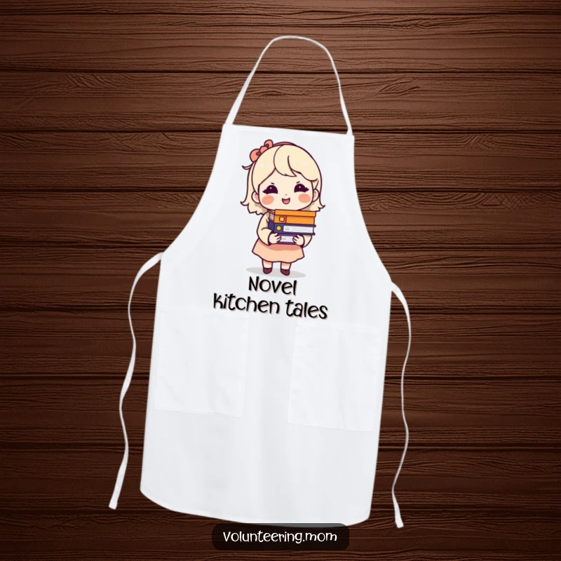 Funny apron showing a mom character with a knowing smile holding a stack of books, ready for any task.