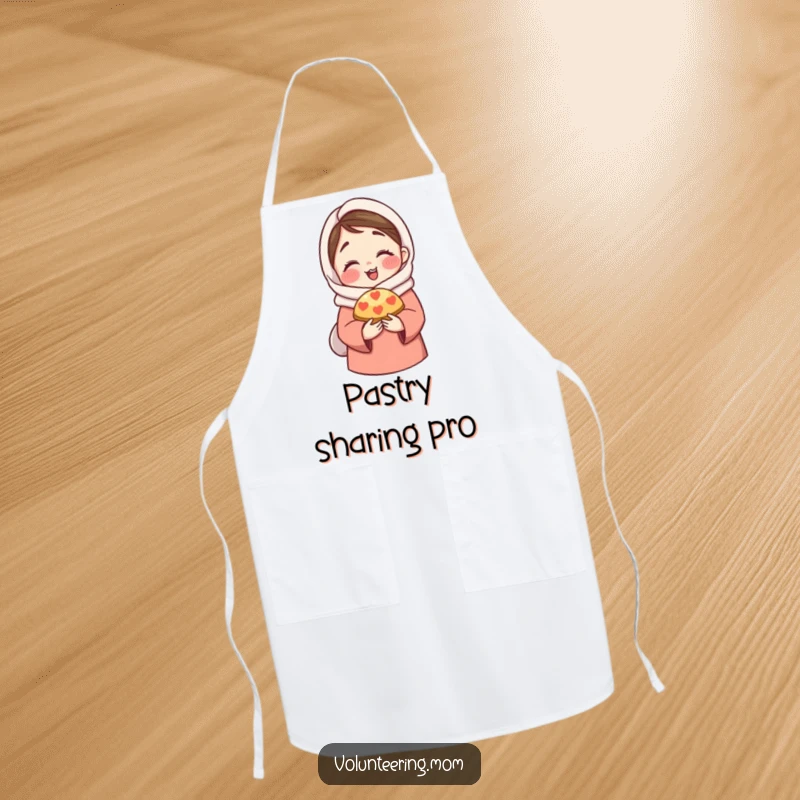 Funny Apron: A charming apron print of a mom character in a warm hug, offering a delicious pastry, symbolizing sharing.