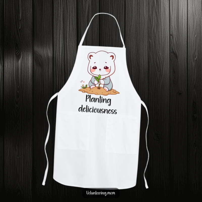 Funny Kawaii mom animal character apron, depicting the gentle act of planting a small sapling, perfect for garden tasks.