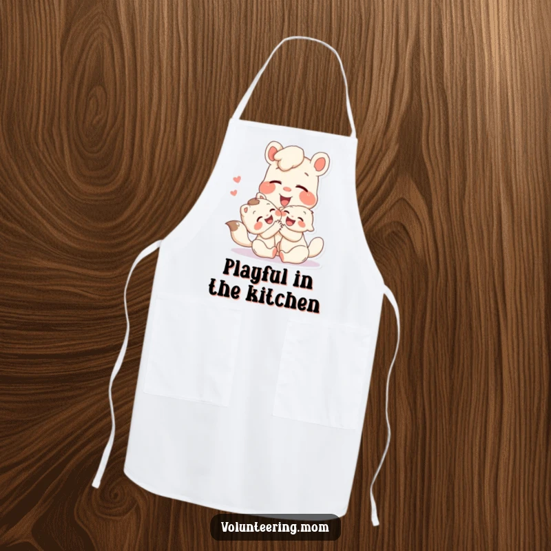 Funny apron showcasing a happy Mom animal character playing with a child, their shared laughter adding a touch of joy to the kitchen.