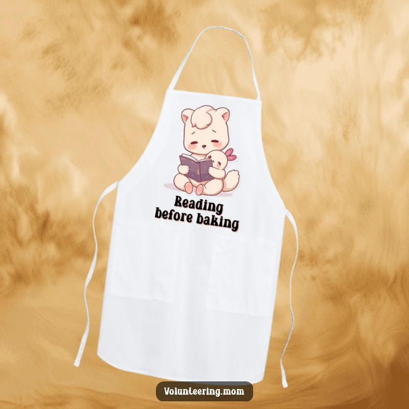 Funny apron showcasing a nurturing Mom animal character reading a book to a small creature, adding a touch of warmth to the kitchen.