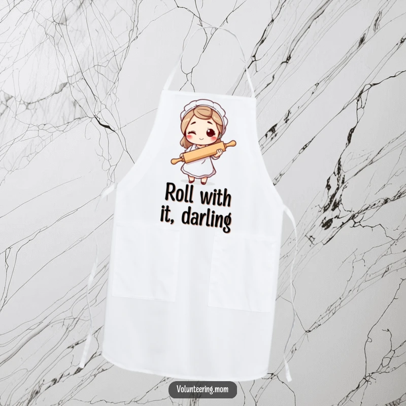 Funny mom apron, a winking mom character wearing an apron and holding a rolling pin, ready for any baking challenge.