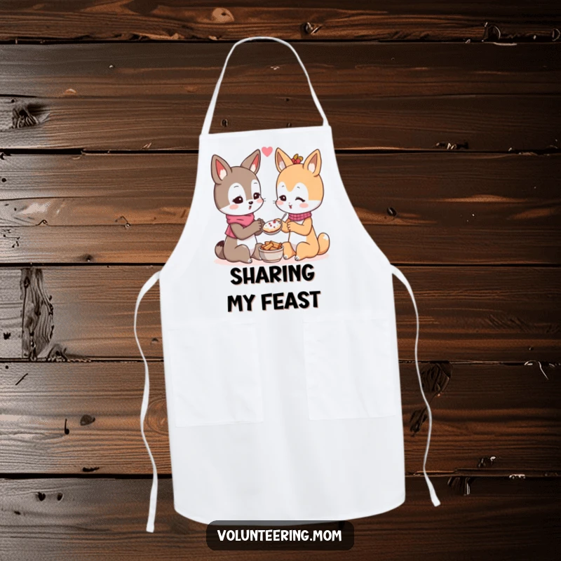 Funny Kawaii mom animal character apron, depicting the act of generously sharing food, perfect for culinary kindness.